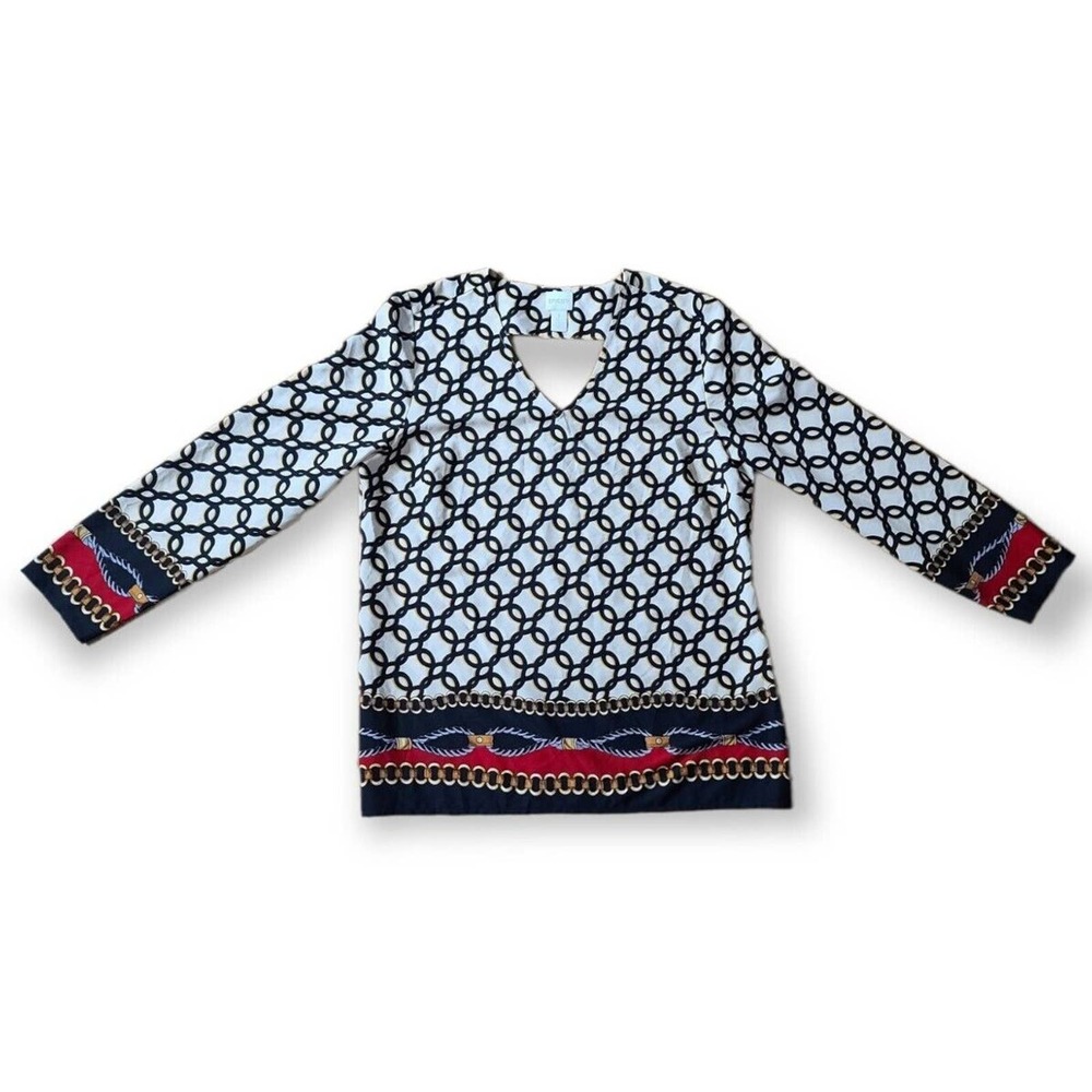 Chico's Women's Scarf Print Keyhole Back V-Neck Blouse Top Shirt. Size Medium